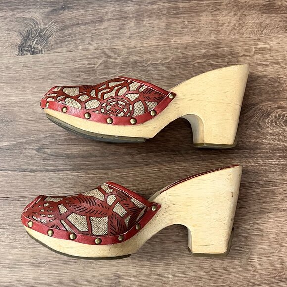 Kenneth Cole Peep Toe Wooden Wedge Clog Backless Heels Sz 9 - Picture 8 of 16